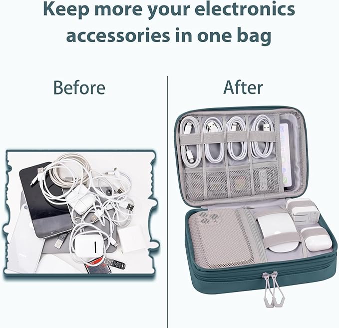 DDgro Electronics Travel Organizer Case for Cables/Cords/Chargers/Tech Essentials, Double Layers (Aqua Blue, PU-Large)