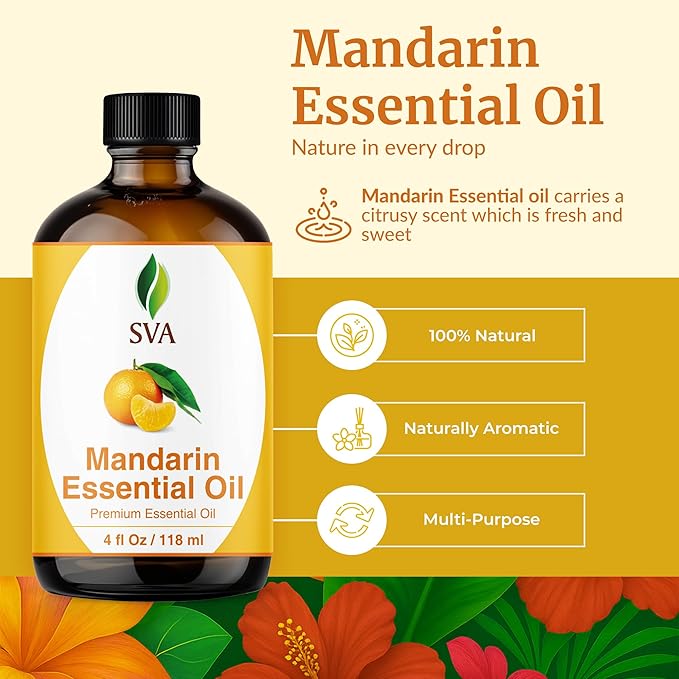 SVA Mandarin Essential Oil – 4 Fl Oz – 100% Natural Mandarin Oil - for Diffuser, Hair Care, Face, Skin Care, Aromatherapy, Scalp and Body Massage, Soap and Candle Making – with Dropper