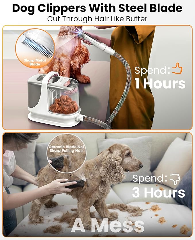 oneisall Dog Grooming Vacuum, 13000Pa Powerful 3L Dust Cup Pet Vacuum with Clippers & Shedding Brush 7 in 1 Dog Grooming Kit, 3L Dust Cup, Super Quiet, 3 Suction Levels, BM3