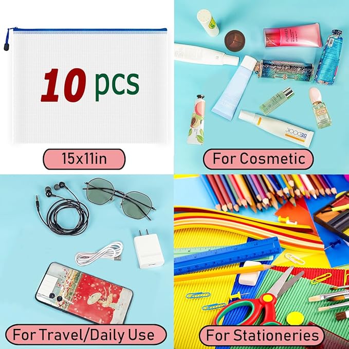 AUSTARK 10 Pcs Zipper File Bags, Waterproof Plastic Mesh Pouch for Office School, Board Game Storage Bags (B4 Size 15''x11'', White and Blue)