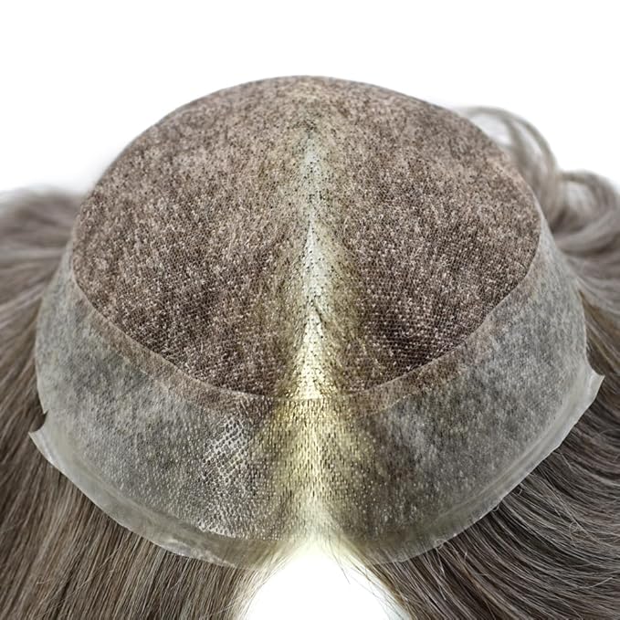 FACE MIRACLE Toupee for Men French Lace Hairpiece Human Hair Replacement System Skin PU Mens Toupee Hair Wigs for Man V-Looped Front Hair Prosthesis 8"X10" #450 4# MEDIUM BROWN WITH 50% SYNTHETIC GREY