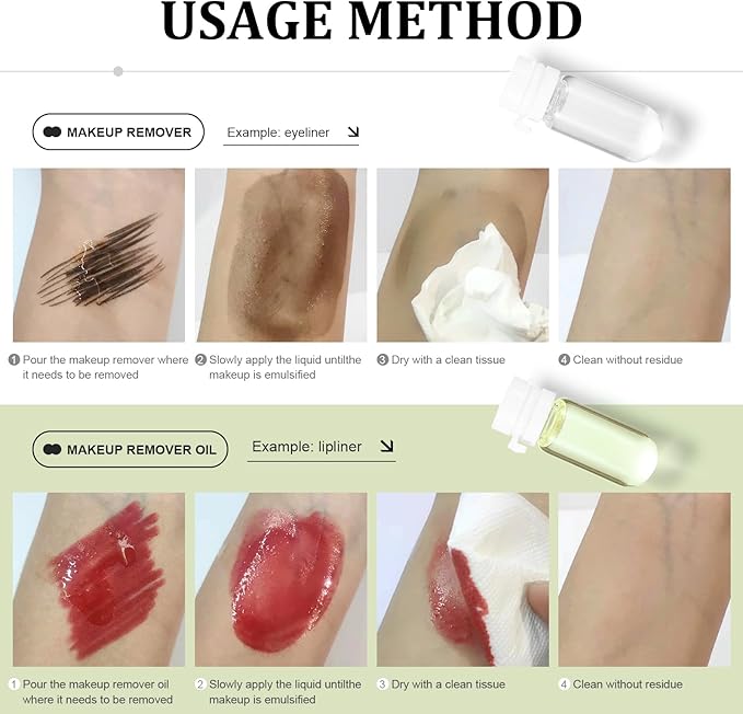 2 in 1 Disposable Makeup Remover Set, Portable Mini Liquid Remover Oil serum 10 Pieces, Includes 20 Remover Cottons, Natural Deep Cleanser for Face, Portable Skincare Facial Oil