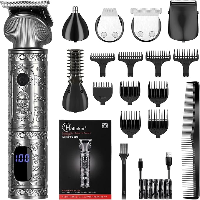 Hatteker Beard Trimmer Kit for Men Professional Hair Clipper T-Blade Beard Hair Shaver Nose Trimmer Hair Cutting Kit Body Grooming Kit Cordless 6 in 1