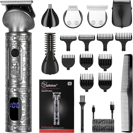 Hatteker Beard Trimmer Kit for Men Professional Hair Clipper T-Blade Beard Hair Shaver Nose Trimmer Hair Cutting Kit Body Grooming Kit Cordless 6 in 1