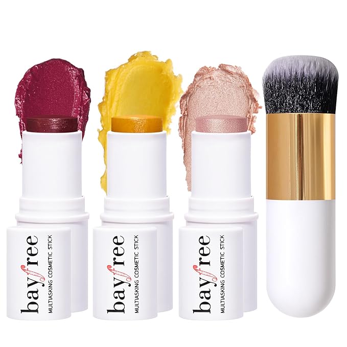 KIMUSE Face Sticks Trio, Cream Blush Stick & Highlighter Stick & Contour Stick for Sculpt the Cheeks, Long Lasting Cream Contour Stick Trio for Face Makeup, with Brush