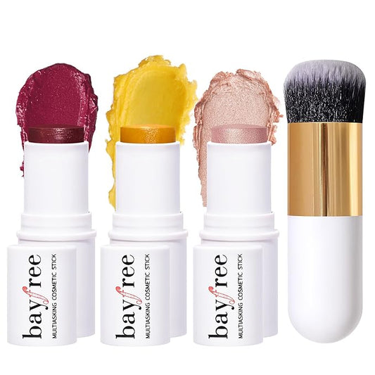 KIMUSE Face Sticks Trio, Cream Blush Stick & Highlighter Stick & Contour Stick for Sculpt the Cheeks, Long Lasting Cream Contour Stick Trio for Face Makeup, with Brush