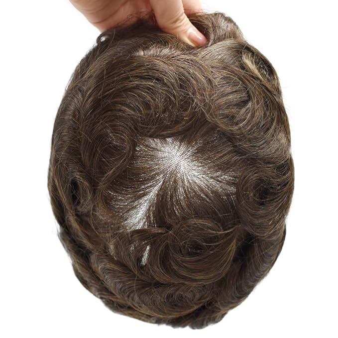 FACE MIRACLE Toupee for Men French Lace Hairpiece Human Hair Replacement System Skin PU Mens Toupee V-Looped Front Hair System 8"X10" #230 2# DARKEST BROWN WITH 30% SYNTHETIC GREY
