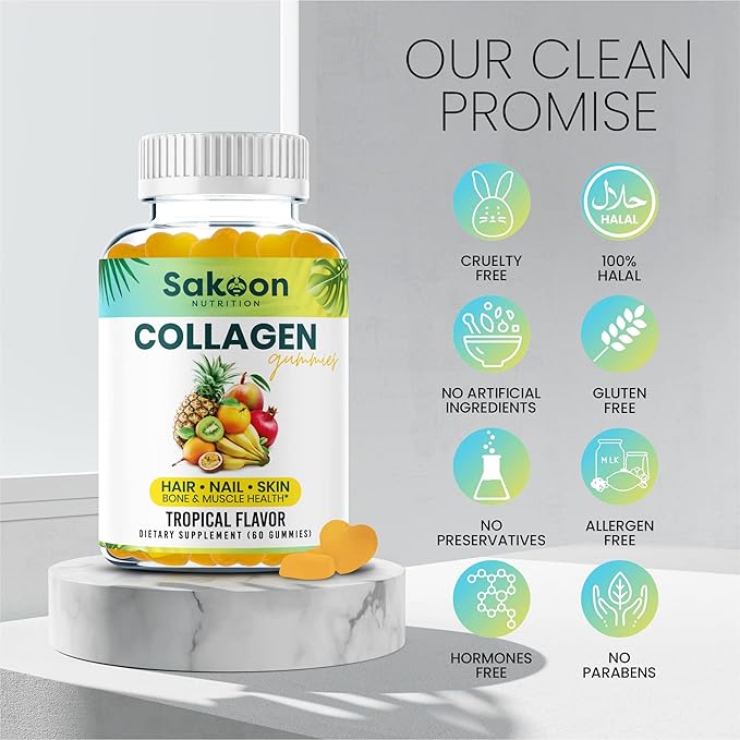 Halal Collagen Gummies for Women and Men - Anti Aging, Hair Growth, Skin Care & Strong Nails Protein Collagen Supplements - Non-GMO, Gluten Free - Made in USA