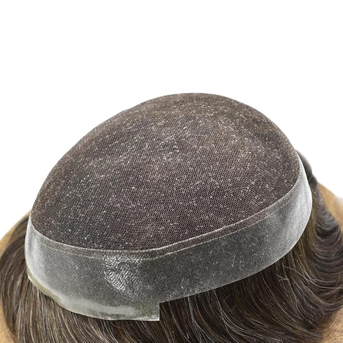 FACE MIRACLE Toupee for Men French Lace Hairpiece Human Hair Replacement System Skin PU Mens Toupee Hair Wigs for Man V-Looped Front Hair Prosthesis 6"X9" #330 3# DARK BROWN WITH 30% SYNTHETIC GREY