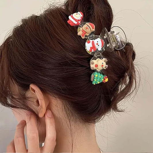 1pcs Christmas Hair Clips - Cute Tree Reindeer Snowmen Claw Clips, Transparent Hair Accessories with Santa Claus Gingerbread Man Designs, Christmas Large Size Hairpin for Xmas Hairstyle Decor