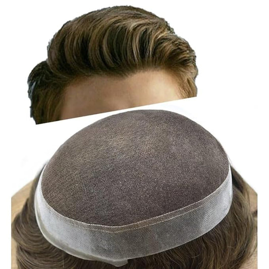 FACE MIRACLE Toupee for Men French Lace Hairpiece Human Hair Replacement System Skin PU Mens Toupee Hair Wigs for Man V-Looped Front Hair Prosthesis 7"X9" #3 Dark Brown