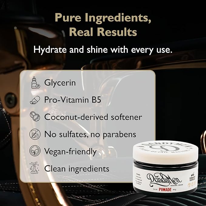 Pomade – Strong Hold, High Shine, and Hydrating Formula with Pro-Vitamin B5 – Tobacco Vanilla Scent – 4 oz