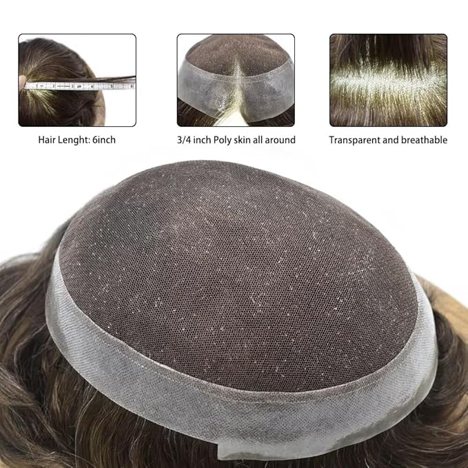 FACE MIRACLE Hair System for Men French Lace Mens Toupee Human Hair Replacement System Lace with PU Toupee for Men Male Hair Piece Wigs 6"X8" 3# DARK BROWN