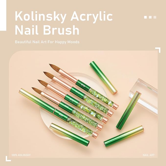 Acrylic Nail Brush Size #08, KEMEISI 100% Pure Kolinsky Nail Art Brushes Sturdy Handle Oval Shaped Acrylic Powder Nail Design Tools for Professional Manicure DIY Home Salon (Green)
