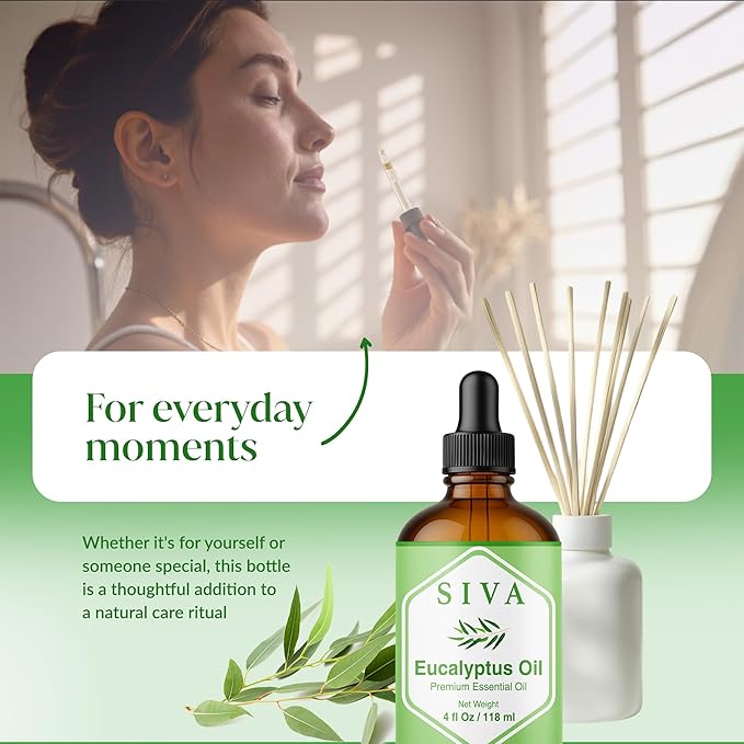Siva Eucalyptus Essential Oil - 4 Fl Oz – 100% Natural Eucalyptus Oil - for Diffuser, Face, Skin Care, Aromatherapy, Hair Care, Scalp and Body Massage - with Dropper