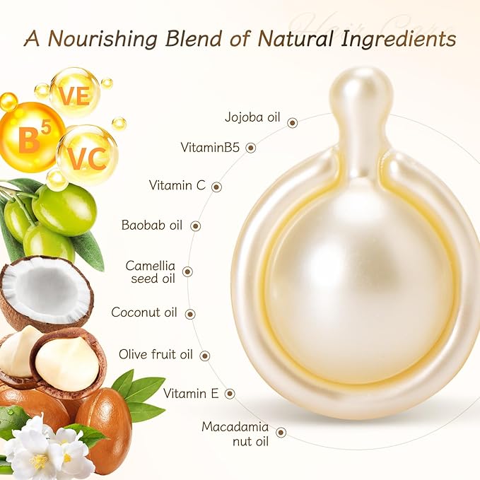 HOLLY HERBAL Coconut Hair Serum Capsules - 6 Nourishing Oils | Jojoba, Olive, Macadamia - Lightweight, Split Ends Repair & Frizz Control, Moisturizing No-Rinse Hair Treatment (30 Count)