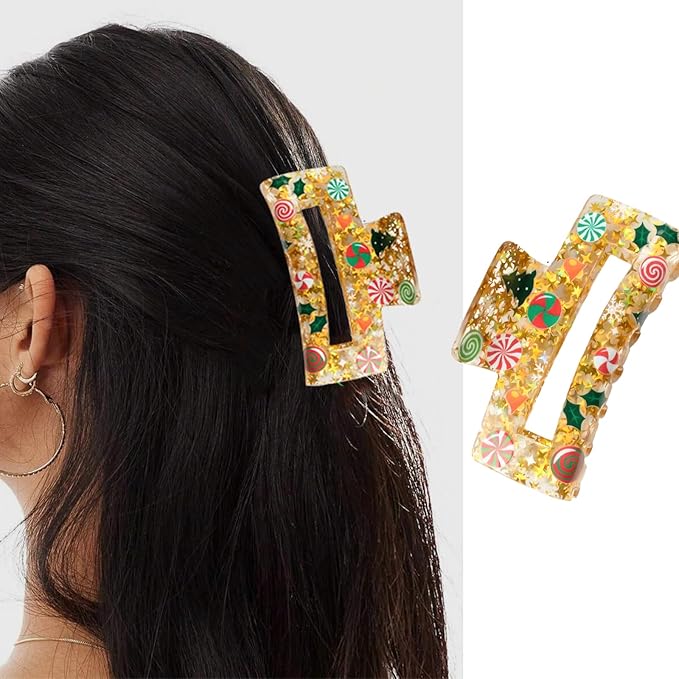 Christmas Hair Clips, Square Hair Claw Clips for Thick/Thin Hair, Yellow Glitter Cane Candy Christmas Tree Design Medium Claw Clips, Strong Hold & Non-Slip Hair Styling Accessories for Xmas 1PCS