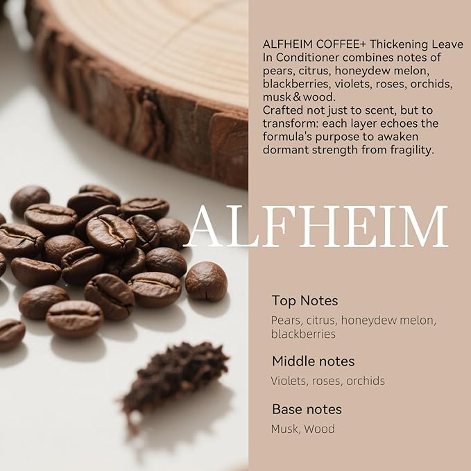 ALFHEIM Coffee+ Thickening Leave-in Spray for Fine & Thinning Hair with Caffeine, Biotin & Arabica Coffee Oil – Strengthening, Volumizing & Heat-Protecting Formula – Sulfate-Free – 5.4 oz / 160 ml