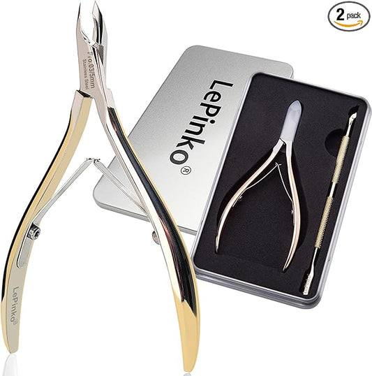 LePinko Salon-Quality Cuticle Trimmer with Cuticle Pusher, Super Labor-saving Cuticle Cutter, Sharp Cuticle Clippers for Manicurist, 5mm Jaw, Golden