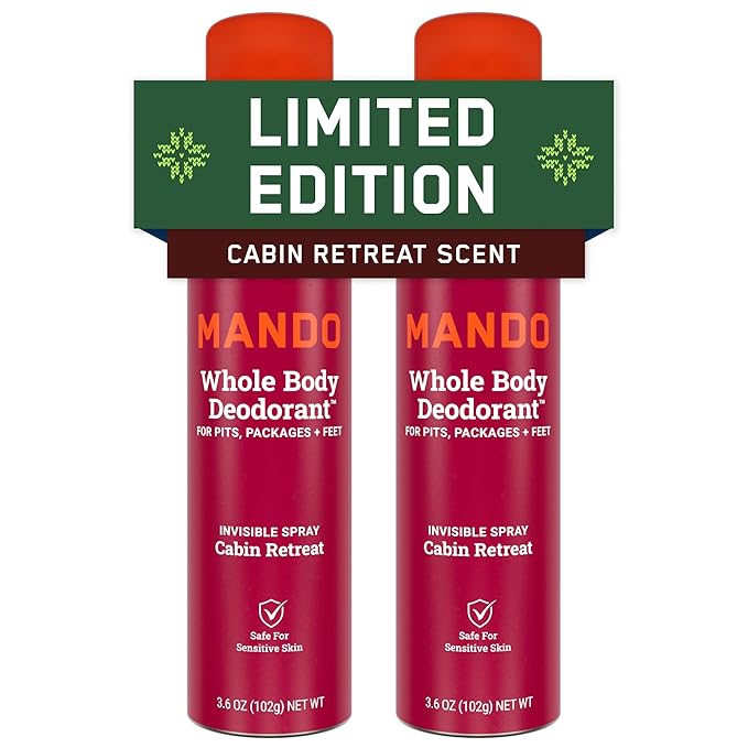 Mando Whole Body Deodorant For Men - Invisible Spray Deodorant - 72 Hour Odor Control - Low Irritation Formula - Aluminum Free, Benzene Free - 3.6 ounce Cans (Pack of 2) - Cabin Retreat