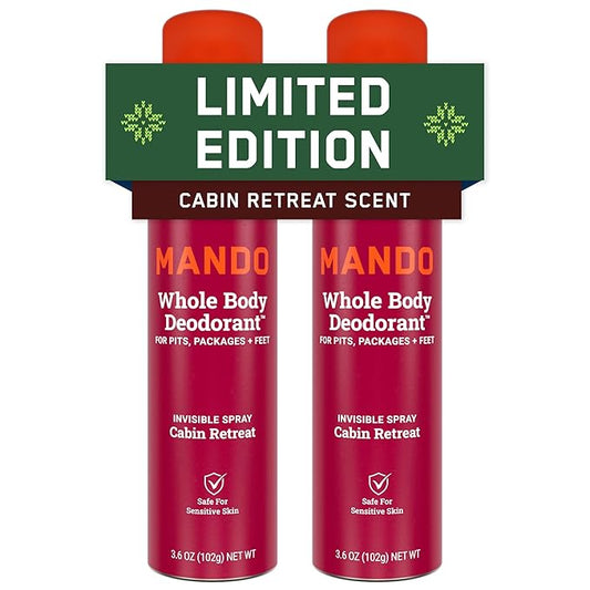 Mando Whole Body Deodorant For Men - Invisible Spray Deodorant - 72 Hour Odor Control - Low Irritation Formula - Aluminum Free, Benzene Free - 3.6 ounce Cans (Pack of 2) - Cabin Retreat