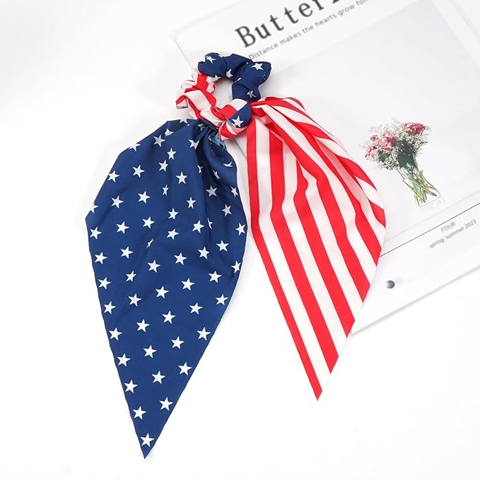 4th of July Hair Ties for Women Girls Independence Day American Flag Hair Scrunchies Red White and Blue Star Patriotic Hair Tie Memorial Day Ribbon Hair Bows