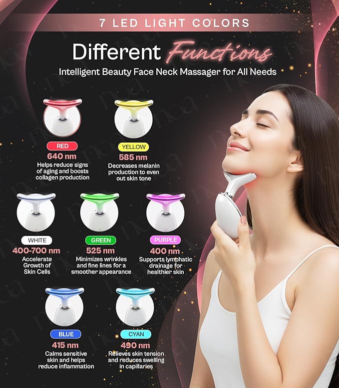 LuxeSkin 7 Color LED Red Light Therapy Facial Massager for Face and Neck, Electric Facial Tool for Skin Care with Vibration, Warm Mode & Travel Bag