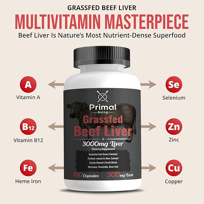 Primal Being Grassfed Beef Liver - 3000mg Freeze Dried Capsules - Pasture Raised in New Zealand - Natural Beef Organ Supplement - Liver Supplement for Energy and Wellness - 180 Count