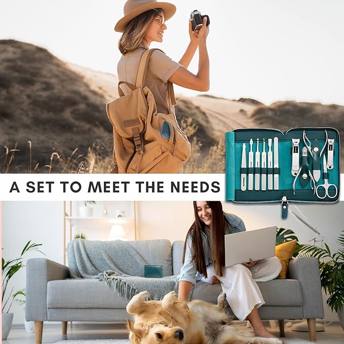 FAMILIFE Nail Kit, Professional Manicure Set Manicure Kit, 11 in 1 Stainless Steel Nail Clippers Set Pedicure Tools, Men Grooming Tool with Portable Blue Leather Travel Case Luxury Gifts for Him