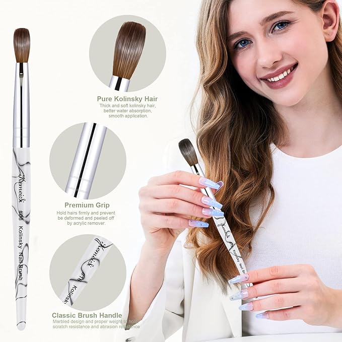 Acrylic Nail Brush Size 8,KEMEISI 100% Pure Kolinsky Nail Art Brushes Sturdy Marble Handle Oval Shaped Acrylic Powder Nail Design Tools for Professional Manicure DIY Home Salon (White)