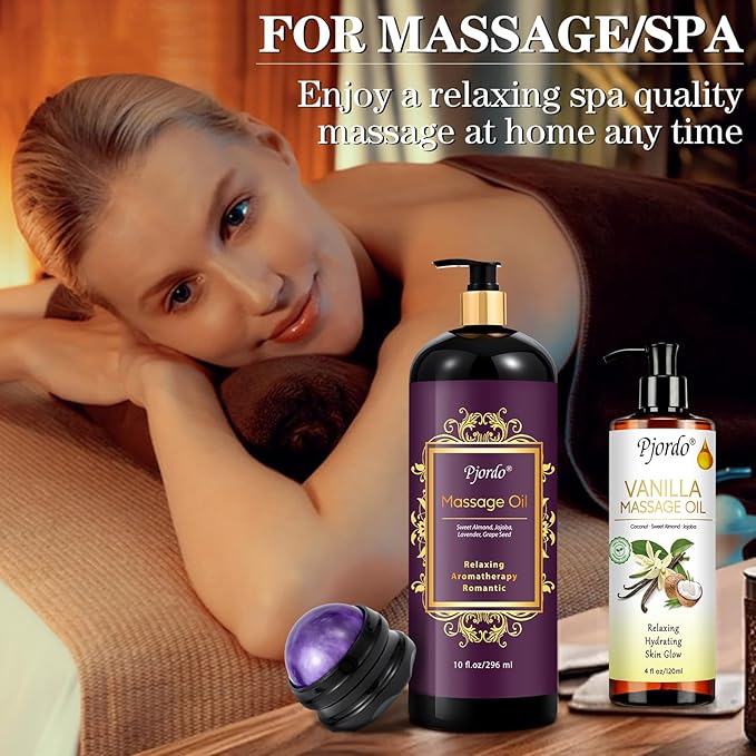 Massage Oil for Massage Therapy, Vanilla, Lavender Oil, with Massage Roller Ball, Massage Oils for Muscle Relaxing, Calming, Soothing & Moisturizing, Spa Gift Set for Her and Him