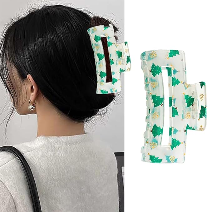 Christmas Tree Claw Clips,1pc Acrylic Hair Clip, Rectangular Large Hair Claw Clips for Thick/Thin Hair, Transparent Green Tree Design Medium Hairpin, Cute Hair Accessories for Christmas