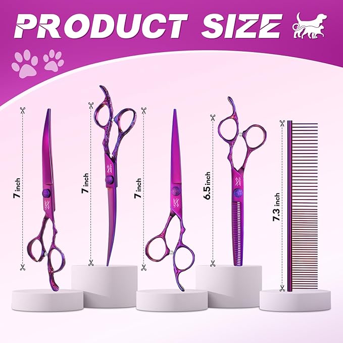 JASON Professional 6 in 1 Dog Shears Kit - 6.5" Thinning, 7" Straight, 7" Up-Curved, 7" Down-Curved Scissors and Comb for Cat, Pet with Adjustable Screw (Purple)