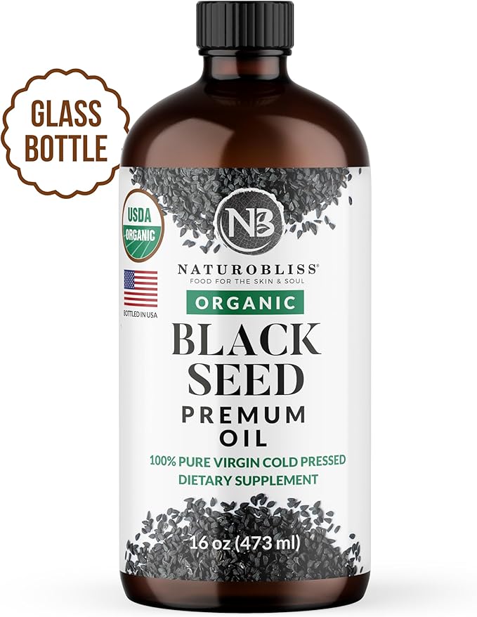 NaturoBliss Organic Black Seed Oil 100 Virgin Cold Pressed in Glass Bottle Omega 3 6 9 Super Antioxidant Immune Support Joints Mobility Digestion Hair Skin Vegan Gluten-Free NonGMO USDA Certified 16oz