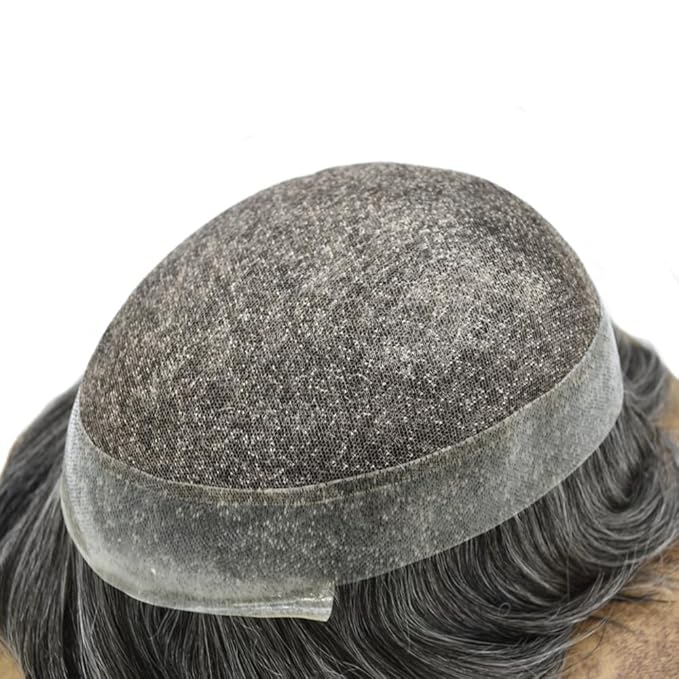 FACE MIRACLE Toupee for Men French Lace Hairpiece Human Hair Replacement System Skin PU Mens Toupee Hair Wigs for Man V-Looped Front Hair Prosthesis 8"X10" #1B50 1B# OFF BLACK WITH 50% SYNTHETIC GREY