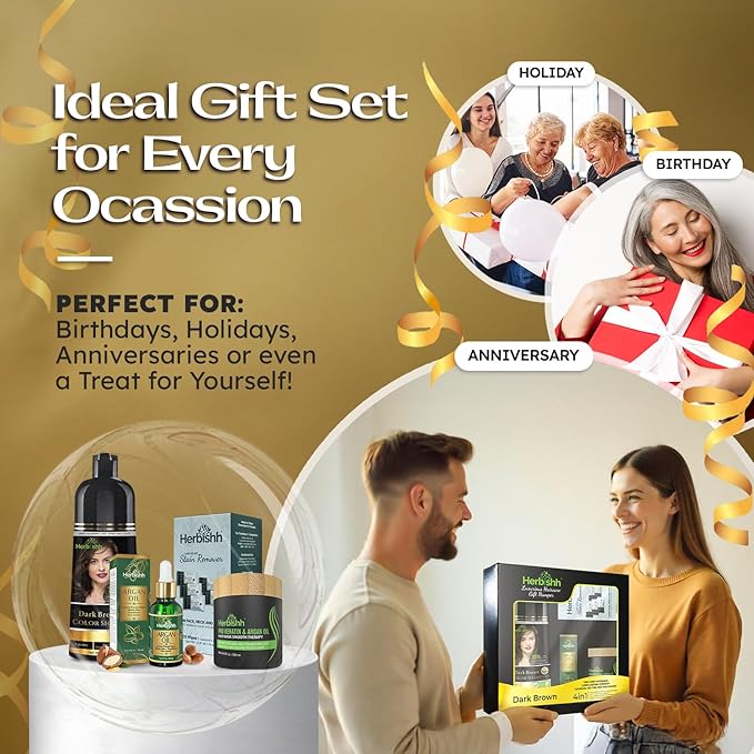 Herbishh Hair Color Shampoo for Gray Hair – Natural Hair Dye Shampoo – Lasts Up To 3-4 Weeks – 500ML – 3-In-1 Hair Color – Colors, Cleanses, and Conditions (Dark Brown Gift Set)