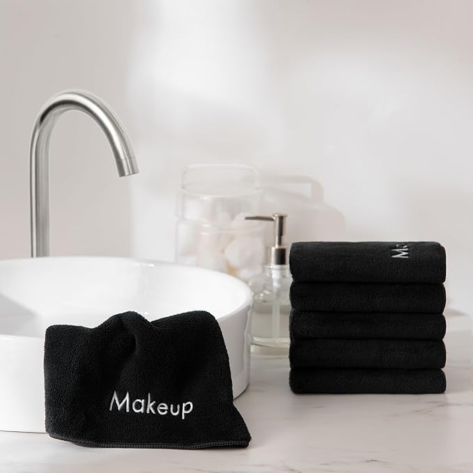 Arkwright Makeup Towels - Pack of 6 - Ultra Soft & Gentle Microfiber Coral Fleece Washcloth Face Make Up Remover, Reusuable Eraser Cloth Essentials for Hosts & Artists, 13 x 13 in, Black