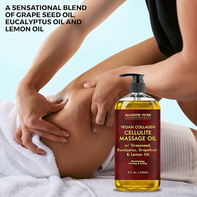 MAJESTIC PURE Cellulite Massage Oil for Massage Therapy - Refreshing, and Relaxing - Natural Oils with with Vegan Collagen & Stem Cells - for All Skin Types - Men and Women - 8 fl oz