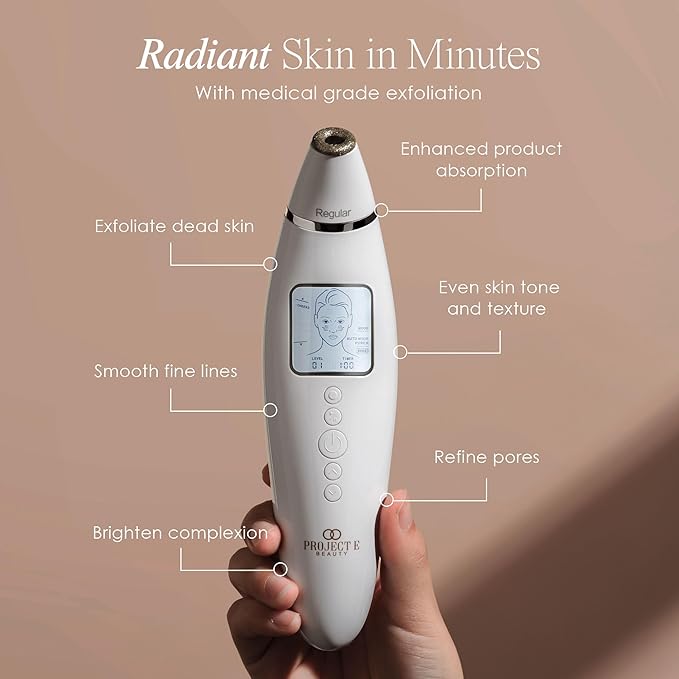 Reinvo Facial Microdermabrasion Wand by Project E Beauty | Gentle Exfoliation | Reduce Wrinkles & Fine Lines | Decrease Pores | Fresh & Radiant Skin | 4 Interchangeable Heads | Vacuum Suction Device