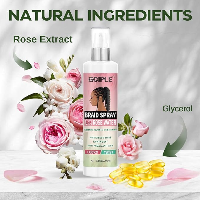 Braid Spray Rose Water for Dreads, Dreadlocks, Locks Spray Rose Water for Itchy Scalp, Shine&Bightweight for Dull Hair Twists, Cornrows, Box Braids Moisturizer Loc Moisturizer Braid Bristle Hair Brush