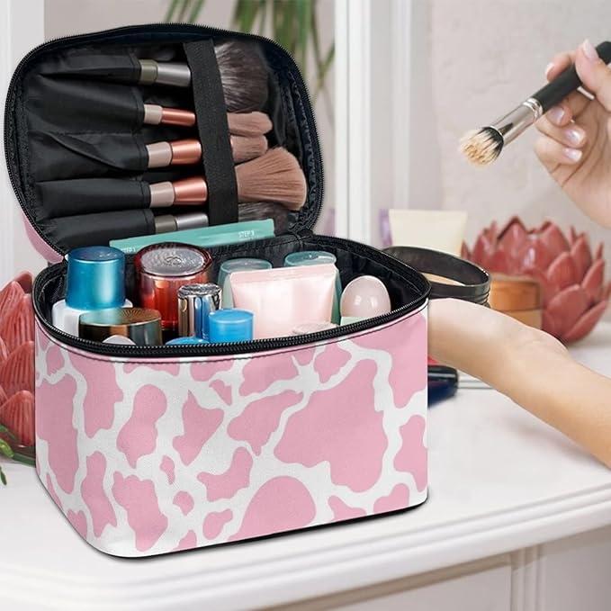 JoyLamoria Pink Cow Print Cosmetic Bag Portable Makeup Case Tote Pouch Accessories