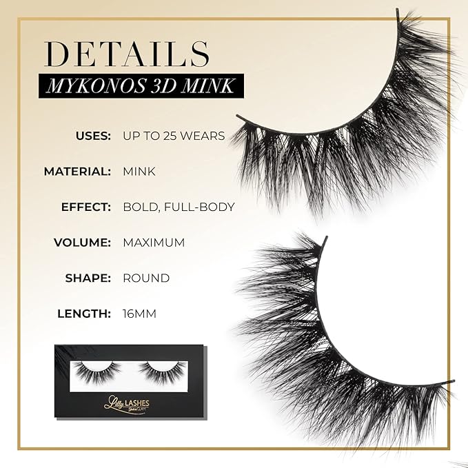 Lilly Lashes Mykonos 3D Mink Lashes, The Original Lilly Lash for Wispy & Natural Look, Reusable Eyelashes up to 25x, Fluffy Eyelashes, Strip Lashes, Lash Glue not Included