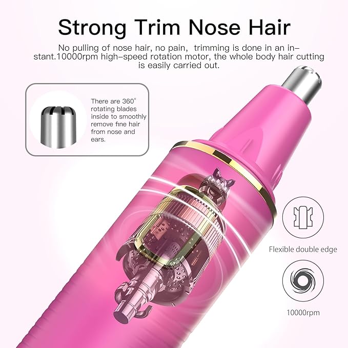 Nose Hair Trimmers for Women Men，Rechargeable Hair Trimmer 2 in 1 Painless Multifunctional Ear and Nose Hair Trimmer with IPX7 Waterproof Dual Edge Blades (Rose)