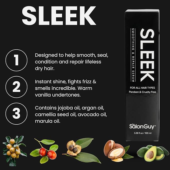 THESALONGUY SLEEK Hair Serum for Frizzy and Damaged Hair - Blend with Jojoba, Argan, Avocado & Marula Oil - UV, Color & Heat Protectant Serum - Nourishes & Repair - Ideal for Men & Women