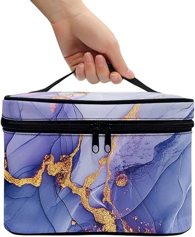JoyLamoria Purple Marble Print Portable Cosmetic Bag Travel Makeup Bag Large Capacity Zipper Pouch
