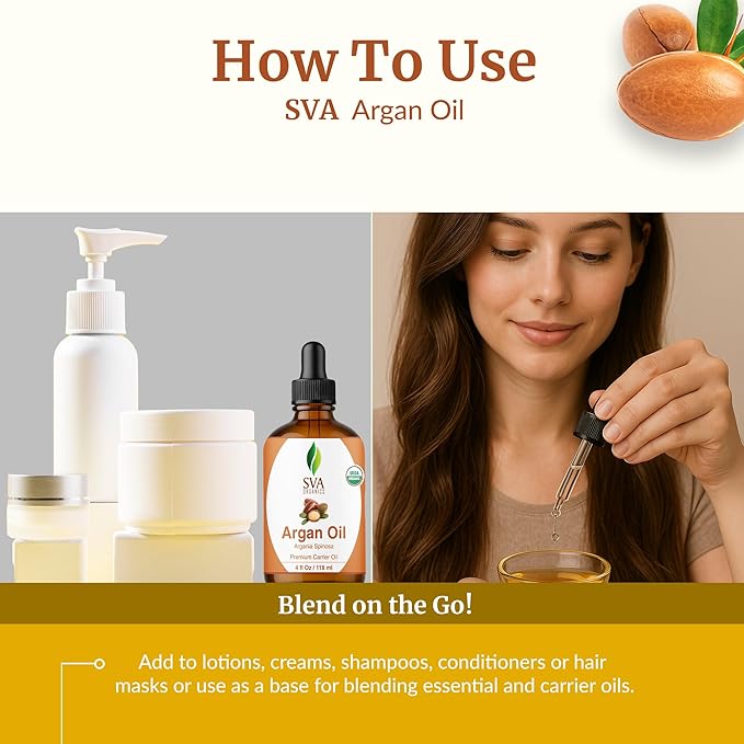 SVA Argan Oil Organic - 4 Fl Oz – 100% Natural Cold Pressed Organic Argan Oil - for Face, Skin Care, Hair Care, Scalp Massage & Body Massage – Carrier Oil with Dropper