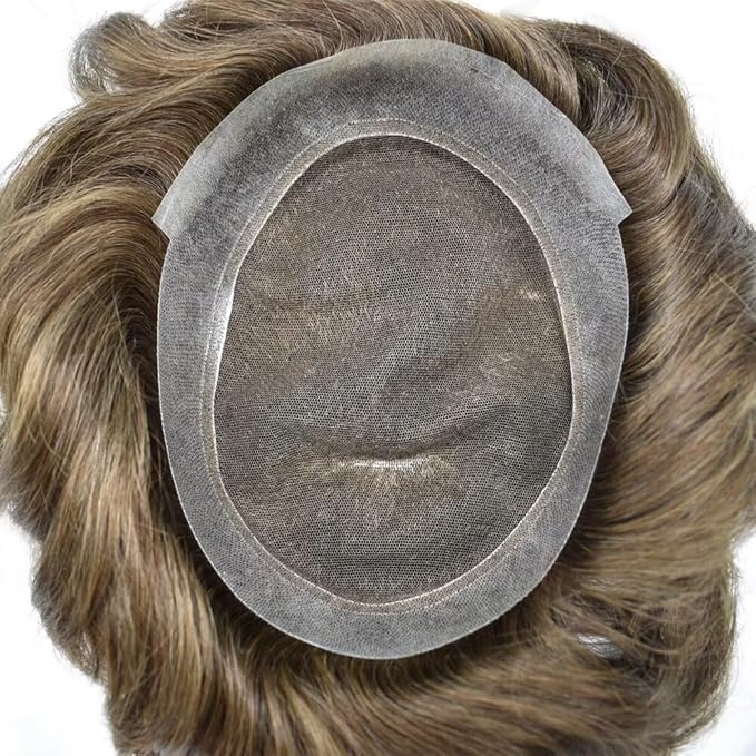 FACE MIRACLE Lace Front Mens Toupee Human Hair System Swiss Lace Center Toupee for Men Thin Skin PU Around Hair Replacement System V-Looped Mens Hair Wig Units 6"X8" 4# MEDIUM BROWN