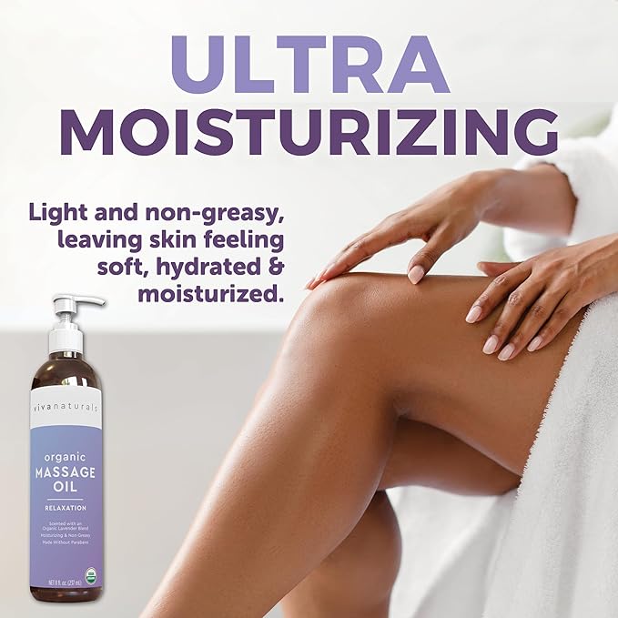 Viva Naturals Organic Massage Oil, Lavender Scented, 8 fl oz (237 mL) – Non-Greasy, Certified Organic Massage Therapy Oils