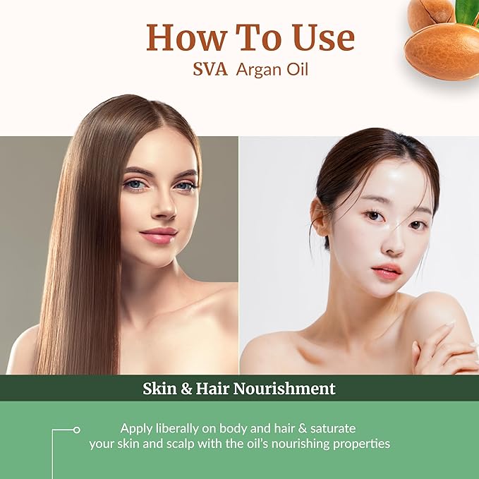 SVA Argan Oil Organic - 4 Fl Oz – 100% Natural Cold Pressed Organic Argan Oil - for Face, Skin Care, Hair Care, Scalp Massage & Body Massage – Carrier Oil with Dropper
