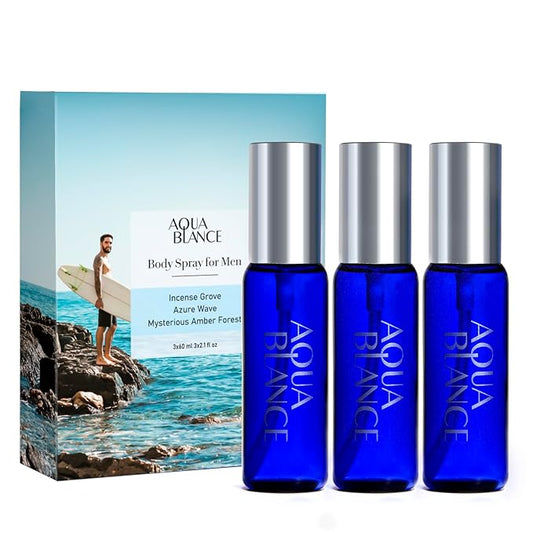 Mens Body Spray, Travel Size Body Spray For Men, long lasting, 3-Pack Set, each 2.1 Fl Oz, Notes of Lemon, Amber, Oud, Leather